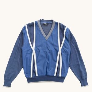 TORRAS Men's Blue Leather Panel V-Neck Sweater Made in Spain Size 40